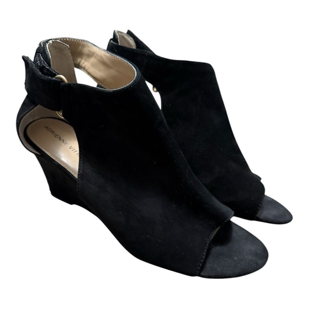 Adrienne Vittadini NELO Open Heel/ Toe Black suede, wedge heel size 9